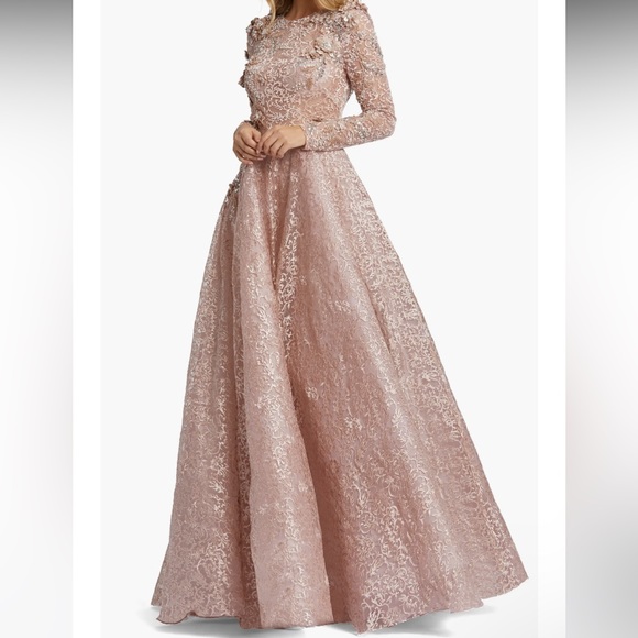 Mac Duggal Embellished Illusion Long Sleeve A line Gown In Mocha Pink - Reemoly - Picture 1 of 17